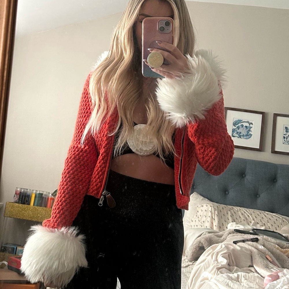 Show me your mumu fur knit jacket. Super cute and cozy. Color orange. Size small